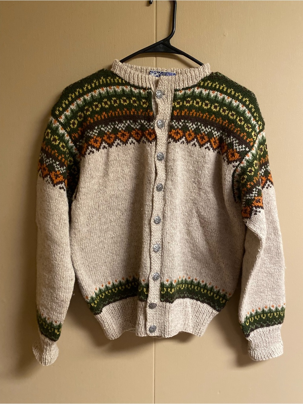 Wool Fair Isle Button-Front Sweater Cardigan in Cream and Green